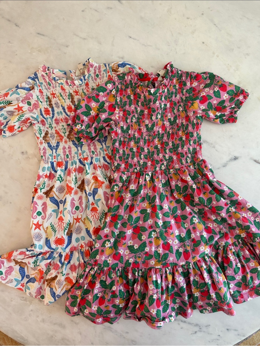 2 Mini Boden Girls Smocked Dresses Mermaids and Strawberry Pattern Size 7-8